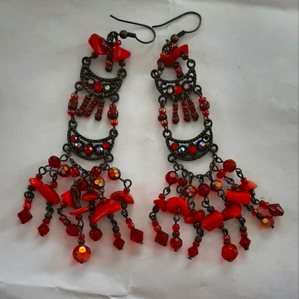 Red Coral, Crystal and Beads Earrings Indian Mexic